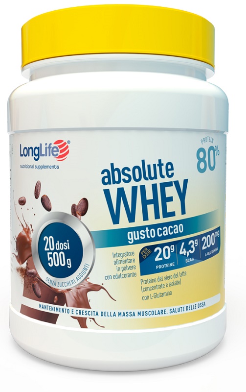 LONGLIFE ABSOLUTE WHEY CACAO 500 G CON EDULCORANTE SENZA GLUTINE - Farmacia Bartoli
