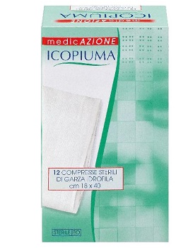 ICOPIUMA GARZA COMPRESSA IDROFILA IN COTONE PIEGATA STERILE SENZA FILO DI BARIO TITOLO 12/8 MISURA 18X40 CM IN BUSTA SINGOLA 12 PEZZI - Farmacia Bartoli