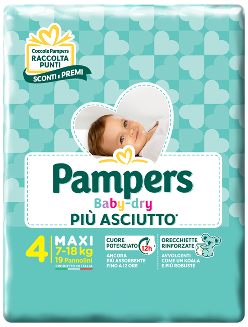 PANNOLINI PER BAMBINI PAMPERS BABY DRY DOWNCOUNT NO FLASH MAXI 19 PEZZI - Farmacia Bartoli