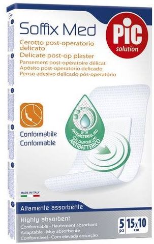 CEROTTO PIC SOFFIX MED IN TNT CON TAMPONE CENTRALE ASSORBENTE STERILE MONOUSO 10X15 CM ANTIBATTERICO 5 PEZZI - Farmacia Bartoli