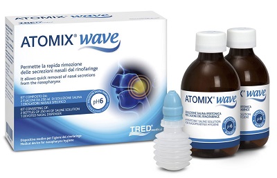 ATOMIX WAVE DISPOSITIVO PER IGIENE RINOFARINGEA ATOMIX SOLUZIONE SALINA 250 ML 2 PEZZI + TERMINALE NASALE + EROGATORE A SOFFIETTO - Farmacia Bartoli
