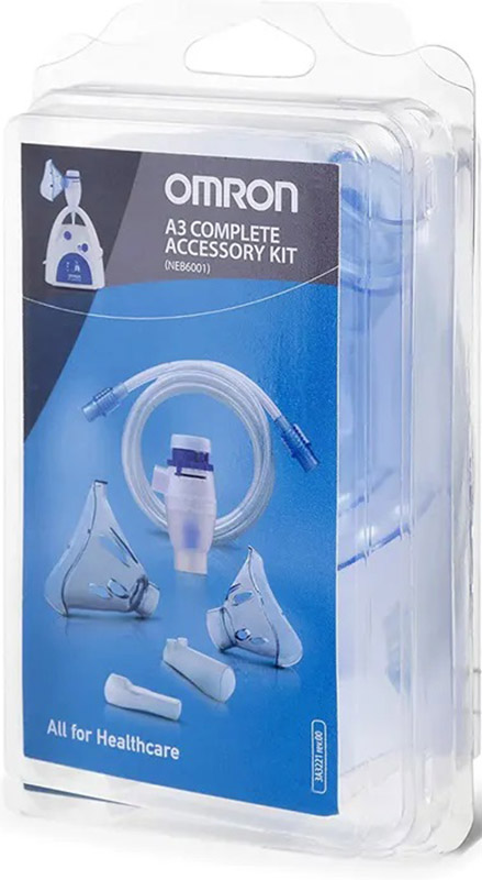 OMRON A3 COMPLETE KIT RICAMBIO AMPOLLA REGOLABILE + TUBO + MASCHERINA PEDIATRICA + MASCHERINA ADULTI + FORCELLE NASALI + BOCCAGLIO - Farmacia Bartoli
