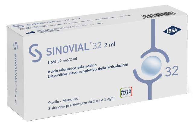 SIRINGA INTRA-ARTICOLARE SINOVIAL 32 ACIDO IALURONICO SALE SODICO 1,6% 32MG/2ML 3 SIRINGHE X 2ML + 3 AGHI - Farmacia Bartoli