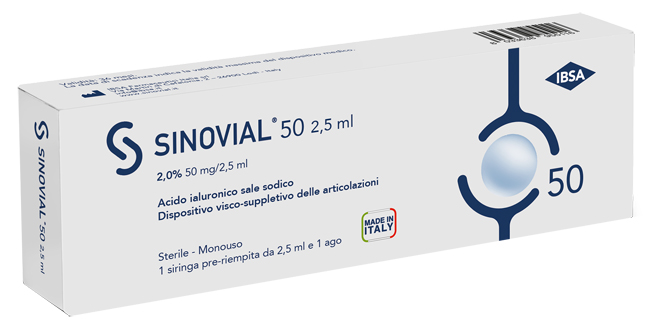 SIRINGA INTRA-ARTICOLARE SINOVIAL 50 ACIDO IALURONICO SALE SODICO 2% 50MG/2,5ML 2,5ML + AGO 21 GAUGE - Farmacia Bartoli