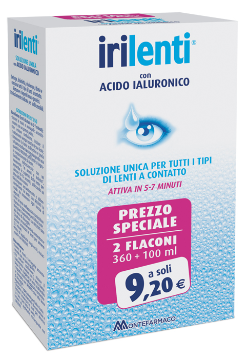 SOLUZIONE UNICA PER LENTI A CONTATTO IRILENTI CON ACIDO IALURONICO 2 FLACONI DA 360 ML + 100 ML - Farmacia Bartoli