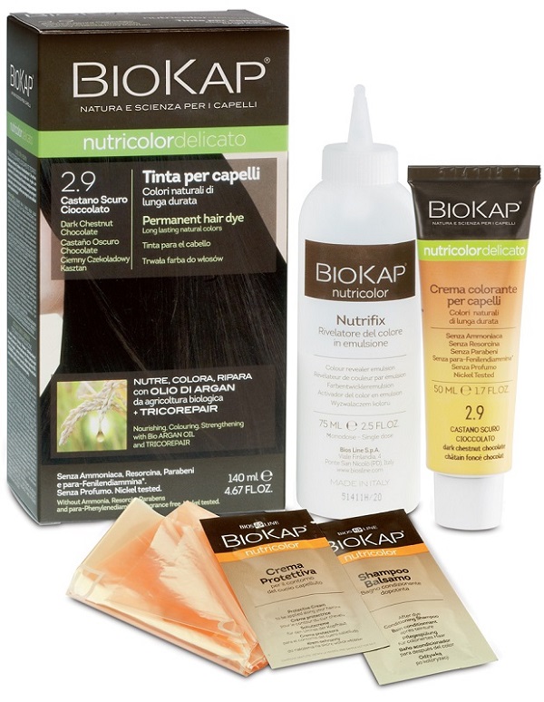 BIOKAP NUTRICOLOR DELICATO 2,9 CASTANO SCURO CIOCCOLATO TINTA TUBO + FLACONE - Farmacia Bartoli