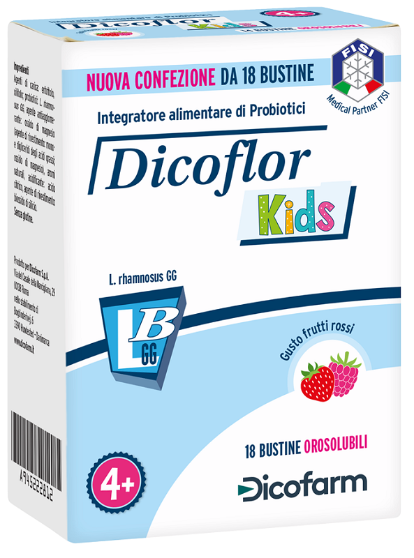 DICOFLOR KIDS 18 BUSTINE OROSOLUBILI GUSTO FRUTTI ROSSI - Farmacia Bartoli