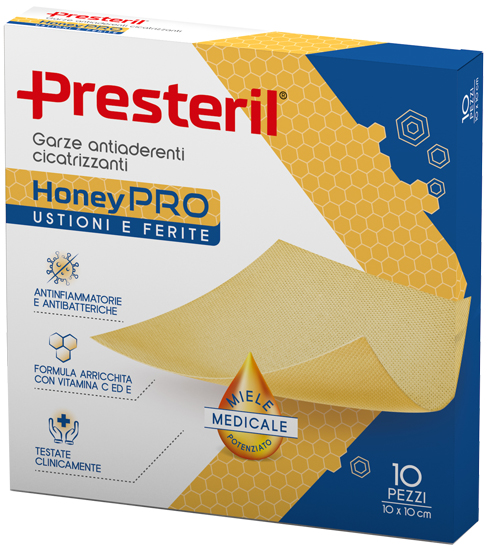 GARZA ANTIADERENTE CICATRIZZANTE PRESTERIL HONEYPRO 10X10 CM 10 PEZZI - Farmacia Bartoli