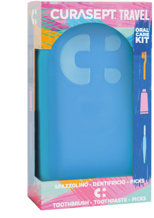 CURASEPT TRAVEL BLU 1 SPAZZOLINO + 1 DENTIFRICIO 20 ML + 3 PICKS - Farmacia Bartoli