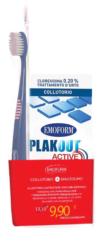 EMOFORM PLAK OUT ACTIVE COLLUTORIO 0,20% CLOREXIDINA 200 ML + EMOFORM GENGIVE SANE SPAZZOLINO - Farmacia Bartoli