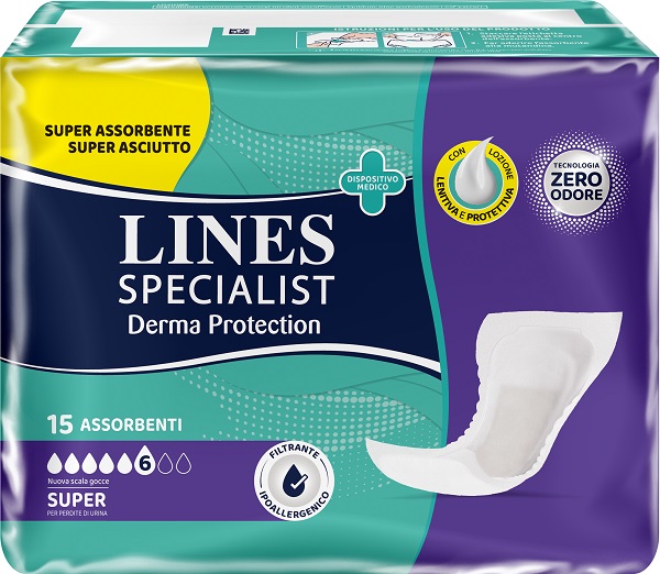 PANNOLONE PER INCONTINENZA LINES SPECIALIST DERMA PROTECTION SAGOMATO ANATOMICO SUPER 15 PEZZI - Farmacia Bartoli