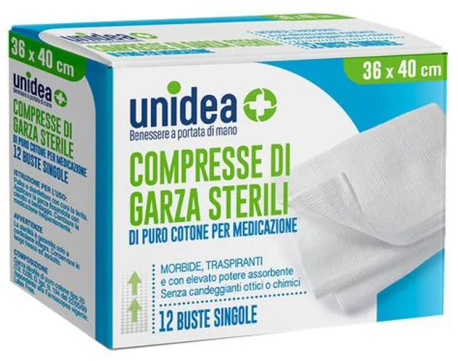 GARZA COMPRESSA UNIDEA COTONE 36X40 CM 12 PEZZI - Farmacia Bartoli