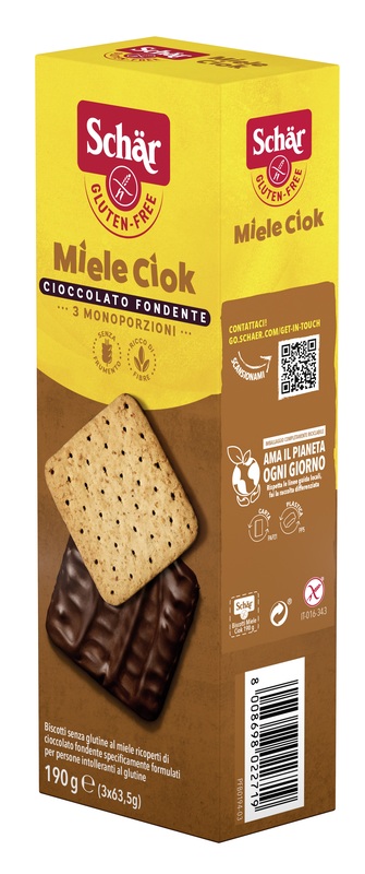 SCHAR MIELE CIOK BISCOTTI AL MIELE RICOPERTI DI CIOCCOLATO FONDENTE 3 PORZIONI DA 63,5 G - Farmacia Bartoli