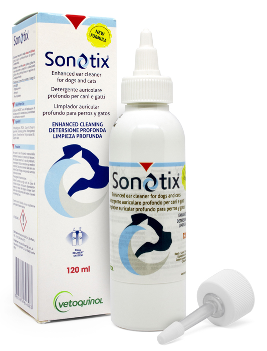 SONOTIX DETERGENTE AURICOLARE PROFONDO CANI E GATTI 120 ML + CANNULA CORTA RIGIDA + CANNULA LUNGA FLESSIBILE - Farmacia Bartoli