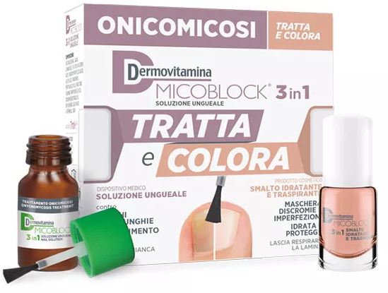 DERMOVITAMINA MICOBLOCK 3 IN 1 TRATTA E COLORA SOLUZIONE UNGUEALE 7 ML + SMALTO IDRATANTE TRASPIRANTE 5 ML - Farmacia Bartoli
