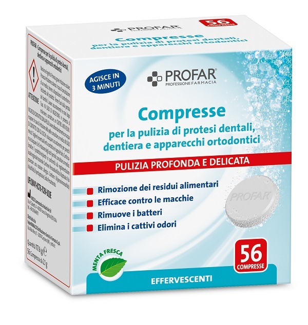 PROFAR COMPRESSE PULIZIA PROTESI DENTALI-DENTIERA-APPARECCHI ORTODONTICI 56 PEZZI - Farmacia Bartoli