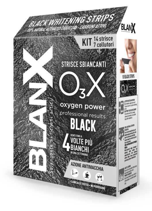 BLANX O3X BLACK STRISCE SBIANCANTI E ANTIMACCHIA 14 PEZZI - Farmacia Bartoli