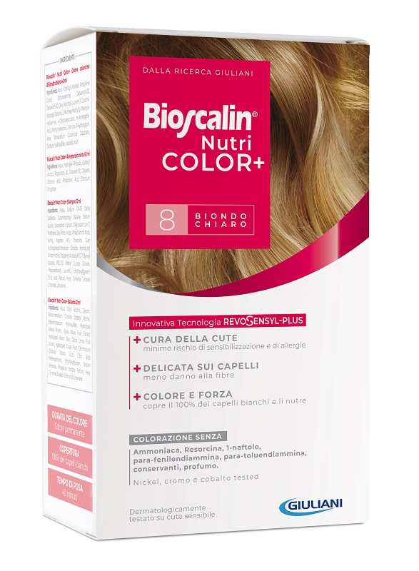 BIOSCALIN NUTRICOLOR PLUS 8 BIONDO CHIARO CREMA COLORANTE 40 ML + RIVELATORE CREMA 60 ML + SHAMPOO 12 ML + TRATTAMENTO FINALE BALSAMO 12 ML - Farmacia Bartoli