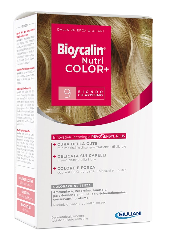 BIOSCALIN NUTRICOLOR PLUS 9 BIONDO CHIARISSIMO CREMA COLORANTE 40 ML + RIVELATORE CREMA 60 ML + SHAMPOO 12 ML + TRATTAMENTO FINALE BALSAMO 12 ML - Farmacia Bartoli
