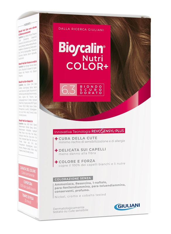 BIOSCALIN NUTRICOLOR PLUS 6,3 BIONDO SCURO DORATO CREMA COLORANTE 40 ML + RIVELATORE CREMA 60 ML + SHAMPOO 12 ML + TRATTAMENTO FINALE BALSAMO 12 ML - Farmacia Bartoli