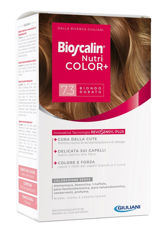 BIOSCALIN NUTRICOLOR PLUS 7,3 BIONDO DORATO CREMA COLORANTE 40 ML + RIVELATORE CREMA 60 ML + SHAMPOO 12 ML + TRATTAMENTO FINALE BALSAMO 12 ML - Farmacia Bartoli