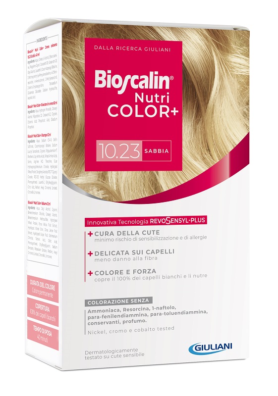 BIOSCALIN NUTRICOLOR PLUS 10,23 SABBIA CREMA COLORANTE 40 ML + RIVELATORE CREMA 60 ML + SHAMPOO 12 ML + TRATTAMENTO FINALE BALSAMO 12 ML - Farmacia Bartoli