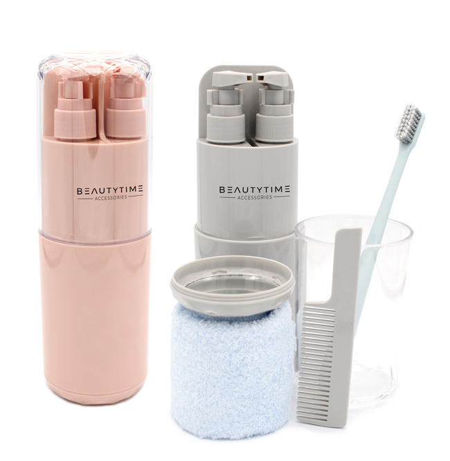 TRAVEL SET 2 DISPENSER DA 50ML + PETTINE + SPAZZOLINO DENTI + SPECCHIETTO + SALVIETTINA IN MICROFIBRA 30X35 + TAZZA - Farmacia Bartoli
