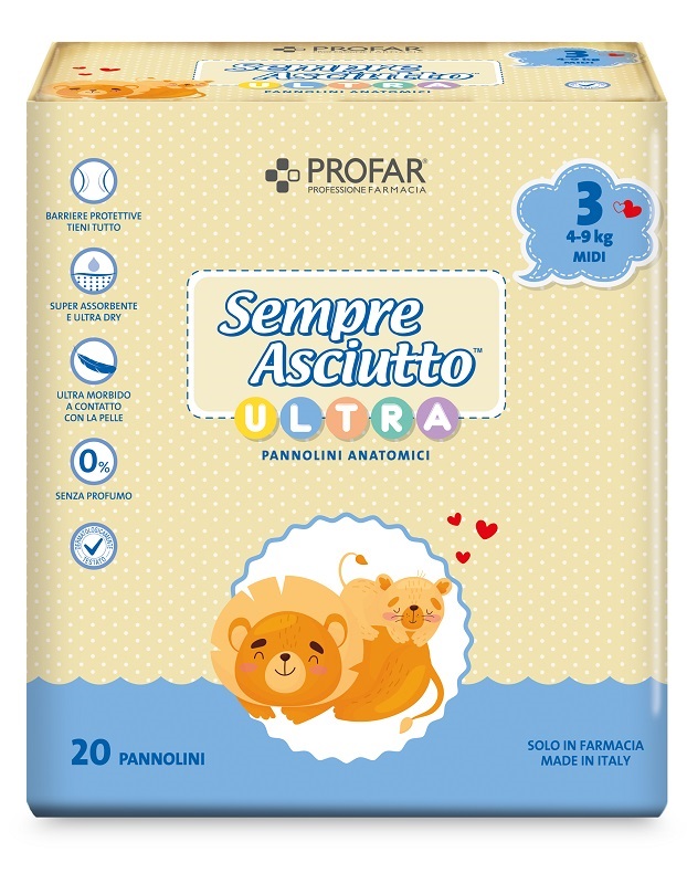 PANNOLINI PROFAR SEMPRE ASCIUTTO ULTRA MIDI 4/9 KG 20 PEZZI - Farmacia Bartoli
