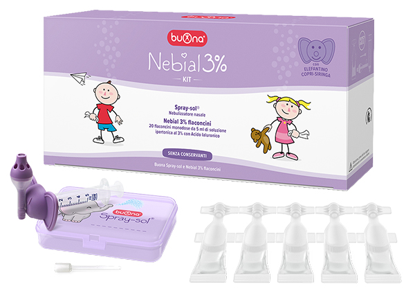 NEBIAL 3% KIT 20 FLACONCINI MONODOSE 5ML SOLUZIONE IPERTONICA CON ACIDO IALURONICO + NEBULIZZATORE SPRAY-SOL - Farmacia Bartoli
