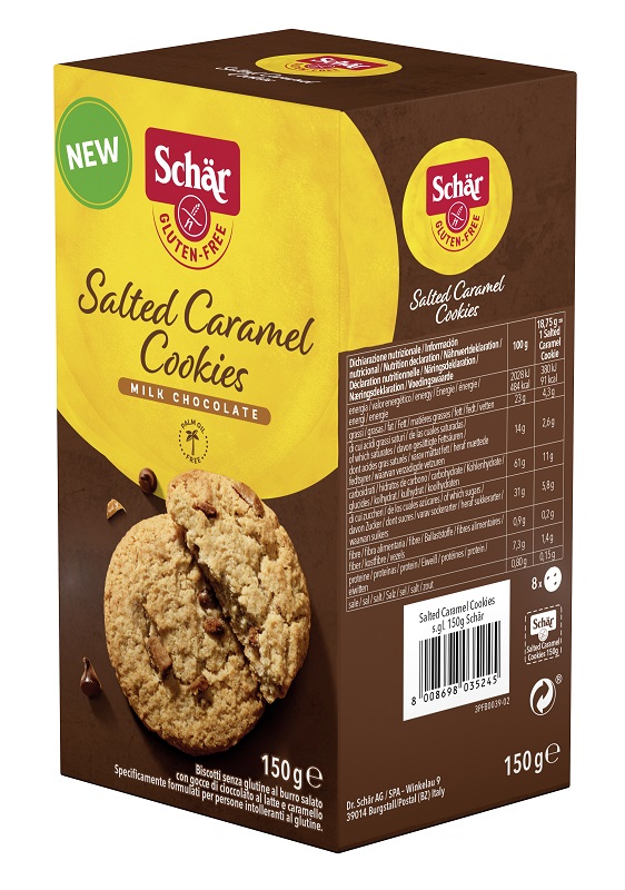 SCHAR SALTED CARAMEL COOKIES CON GOCCE DI CIOCCOLATO AL LATTE E CARAMELLO 150 G - Farmacia Bartoli