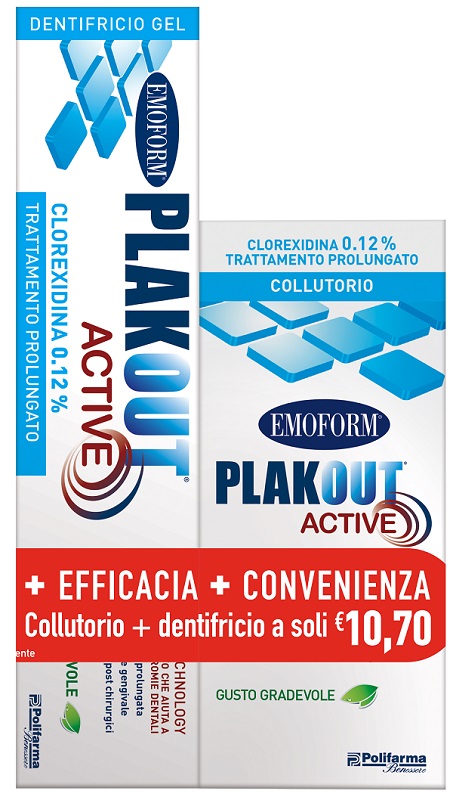 EMOFORM PLAK OUT ACTIVE CLOREXIDINA 0,12% COLLUTORIO 200 ML + DENTIFRICIO 75 ML - Farmacia Bartoli