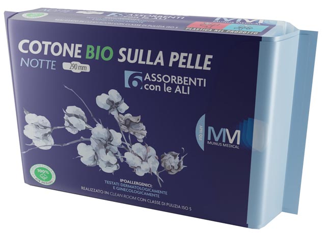 MUNUS MEDICAL ASSORBENTE NOTTE CON ALI COTONE BIO SULLA PELLE 290 MM 6 PEZZI - Farmacia Bartoli