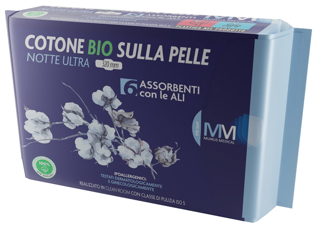 MUNUS MEDICAL ASSORBENTE NOTTE ULTRA CON ALI COTONE BIO SULLA PELLE 320 MM 6 PEZZI - Farmacia Bartoli
