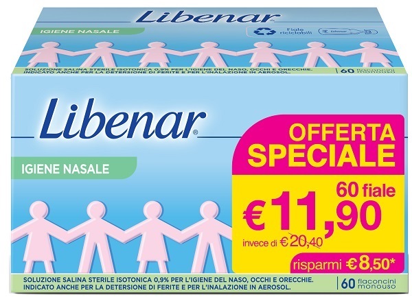 SOLUZIONE SALINA ISOTONICA 0,9% LIBENAR PER IGIENE NASALE 60 FLACONCINI MONOUSO X 5 ML - Farmacia Bartoli