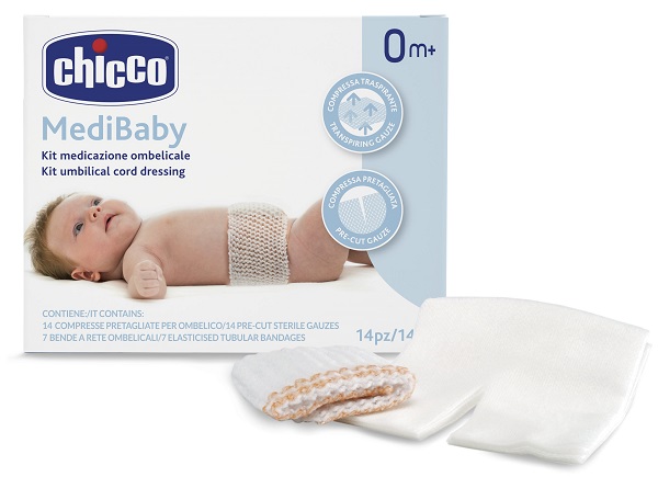 CHICCO KIT MEDICAZIONE OMBELICALE BENDA A RETE ELASTICA CALIBRO 6 + COMPRESSE IN TNT STERILI 10X10 CM 4 PEZZI - Farmacia Bartoli